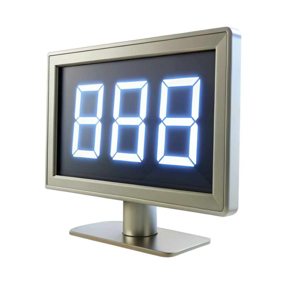 Digital LED display screen with glowing numeric characters on a sleek metallic stand for time or information presentation png