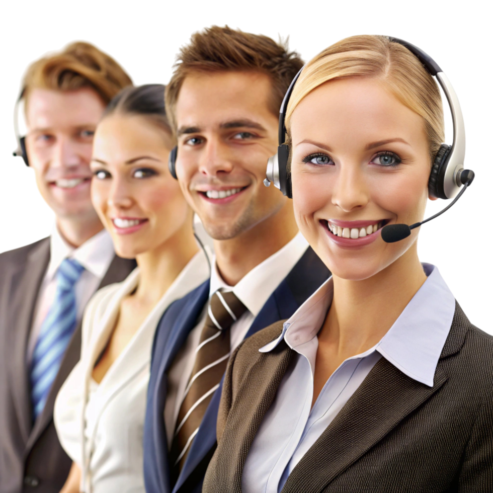 Friendly and efficient customer support team using headsets to deliver high quality assistance and problem solving png