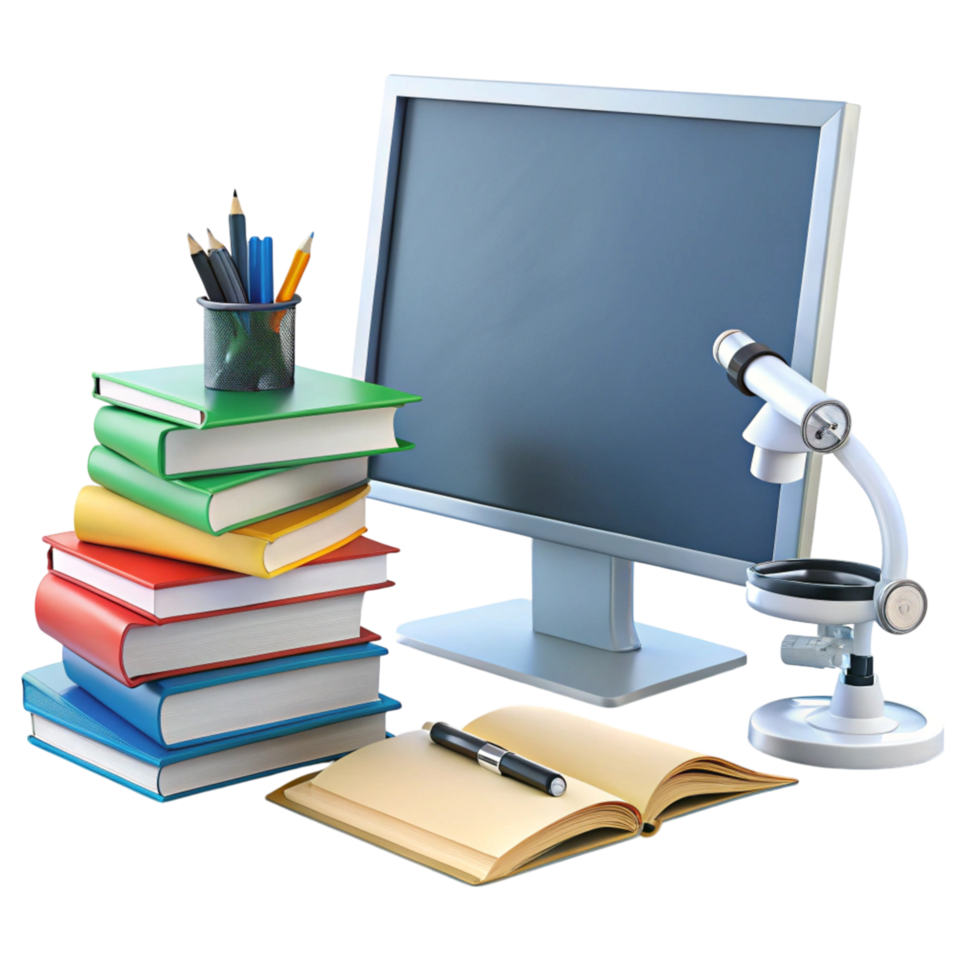 Classroom and laboratory education concept showcasing books, scientific tools, and learning resources for research png