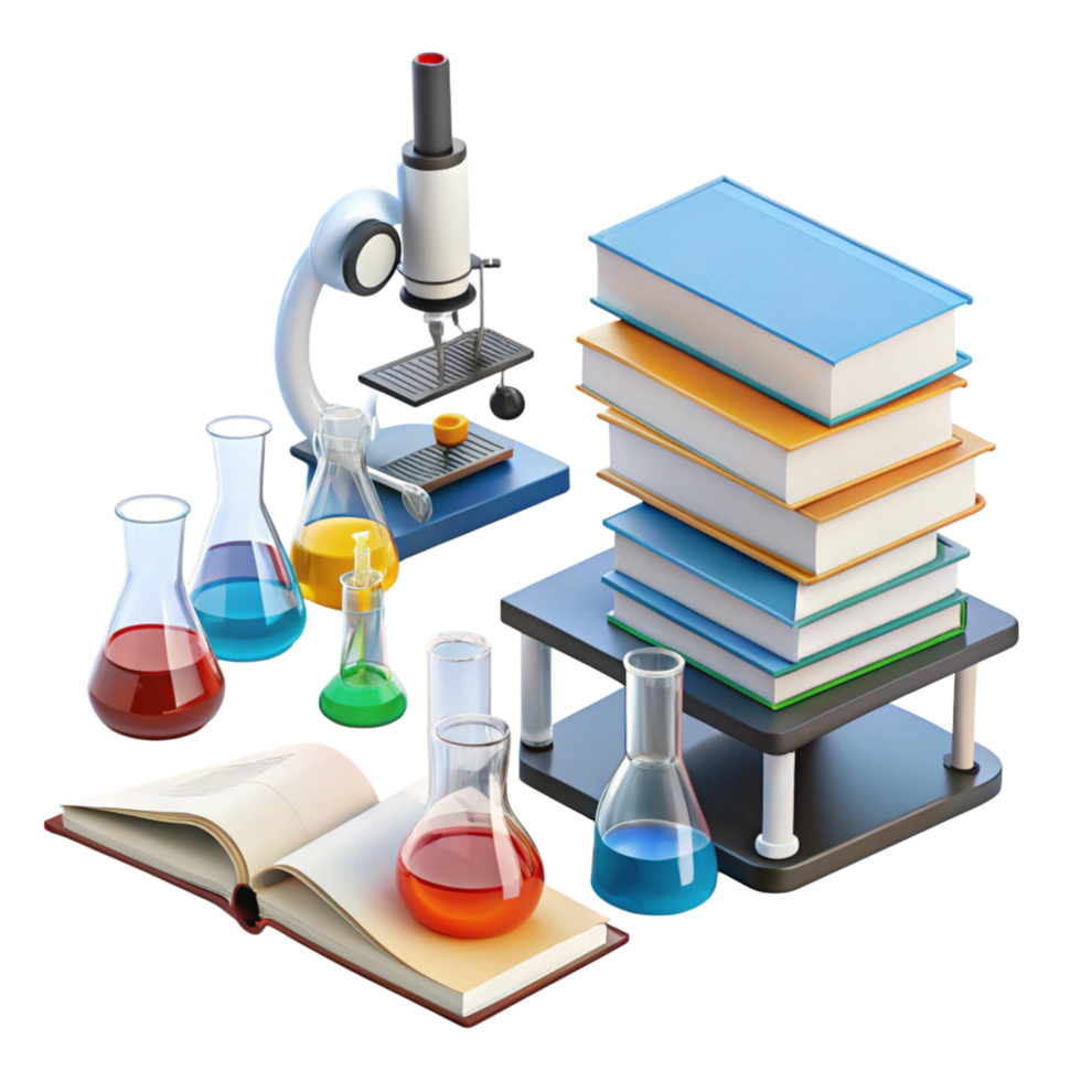 Research and study essentials with books, laboratory glassware, and a microscope highlighting scientific exploration png
