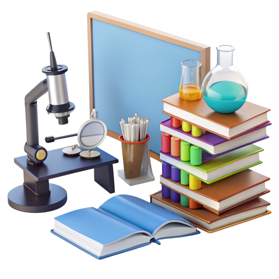 Scientific research tools with microscope, books, test tubes, and flasks symbolizing education and laboratory learning png