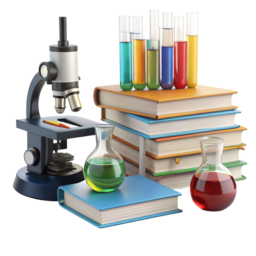 Educational science setup featuring a microscope, colorful books, and lab equipment for academic experiments png