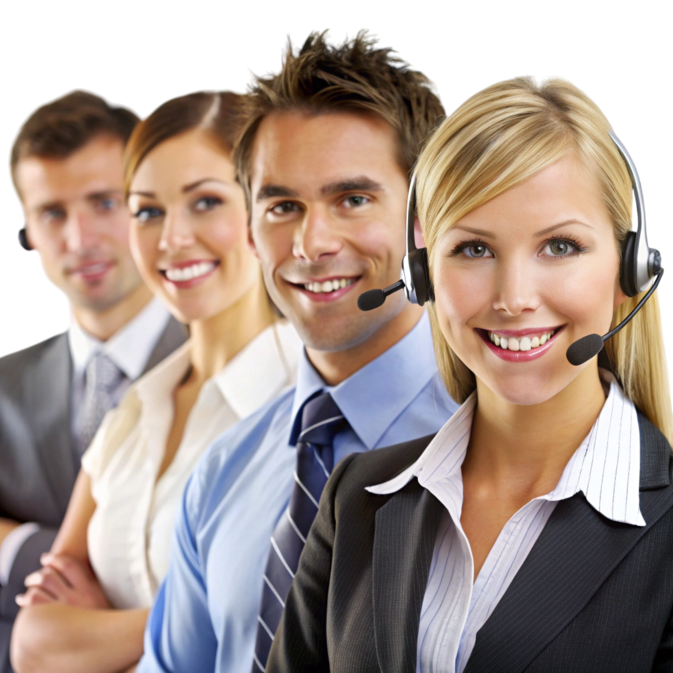 Professional customer support team with smiling representatives wearing headsets ready to assist clients effectively png