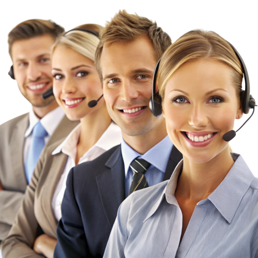 Call center employees providing excellent customer service with a positive attitude and communication skills png