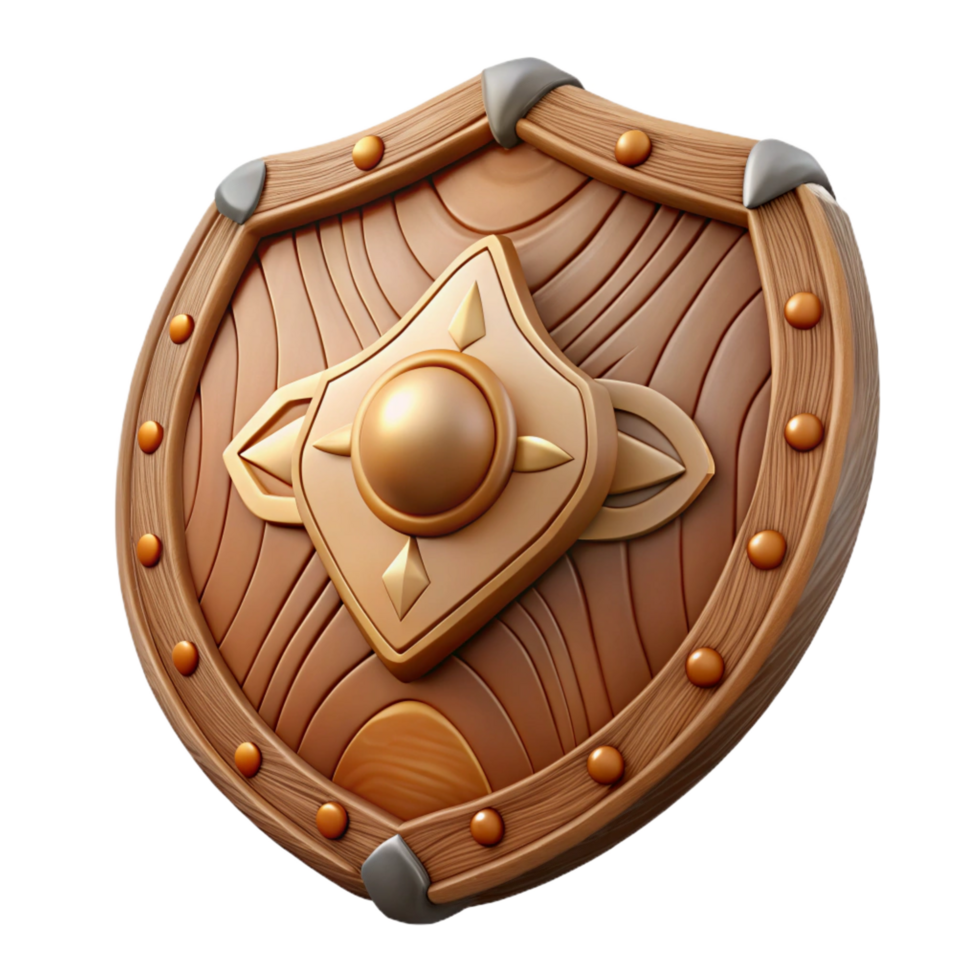 remarkable surreal Concept art style isolated cutout of a tribal warrior's hand-carved wooden shield with intricate animal carvings with Transparent Background studio quality png