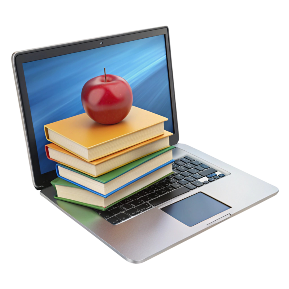 Digital education concept with laptop, stack of books, and apple representing online learning and academic growth png