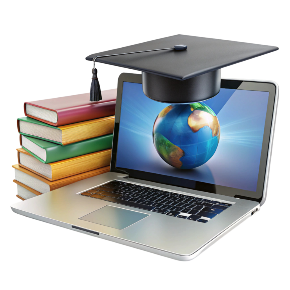Educational technology showcasing laptop, books, and graduation hat highlighting remote learning and online studies png