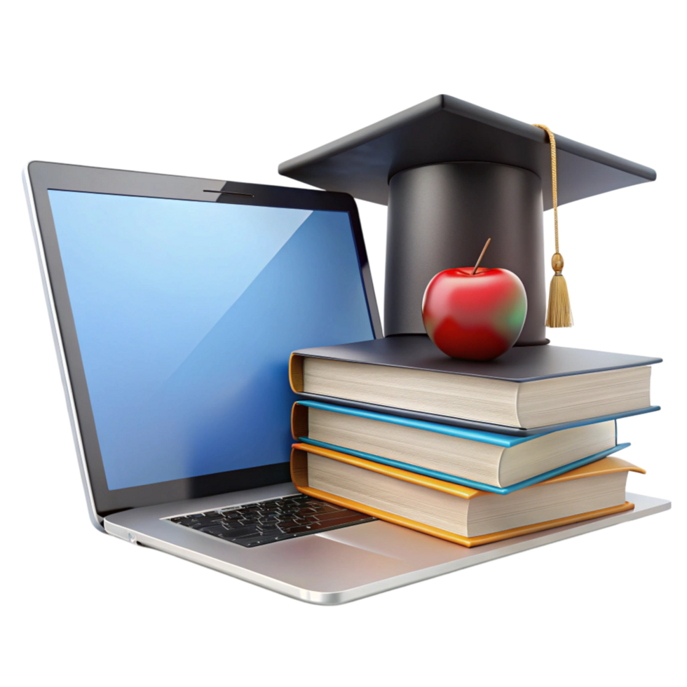 E learning tools featuring laptop, academic books, and graduation cap representing modern education and knowledge png