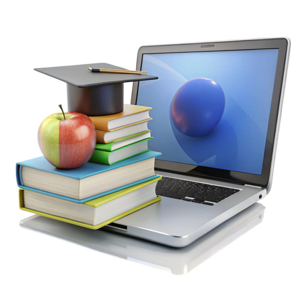 Digital learning setup with laptop computer, stacked books, and mortarboard cap for virtual academic achievements png