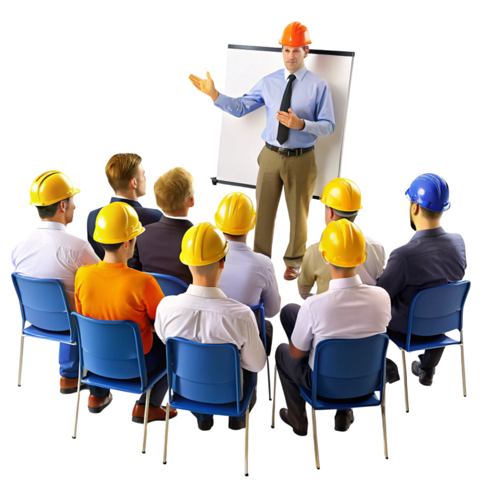 Business training meeting with employees learning new skills and workplace safety protocols in a formal setting png