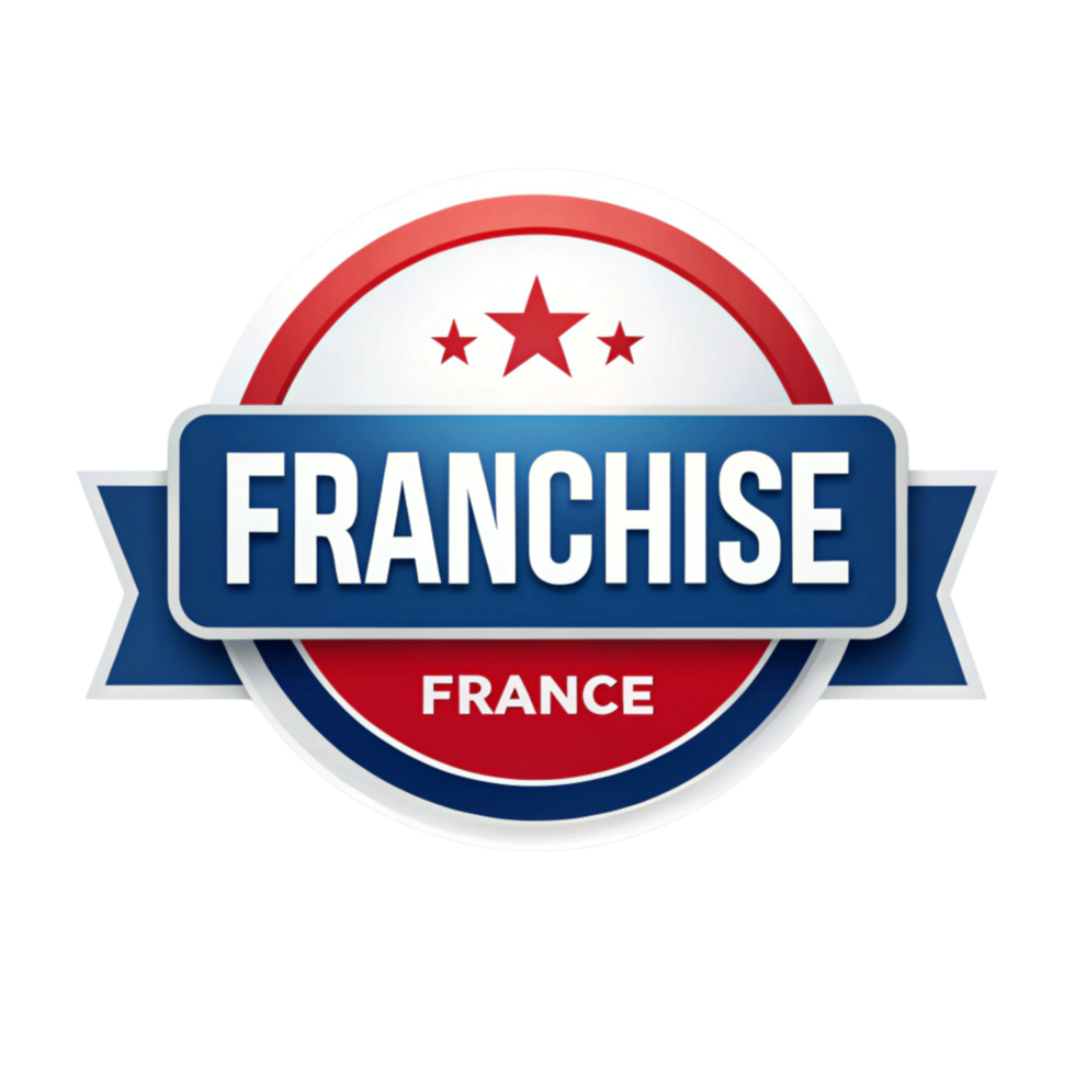 Modern franchise badge featuring bold red, white, and blue design with stars and banner for branding identity png