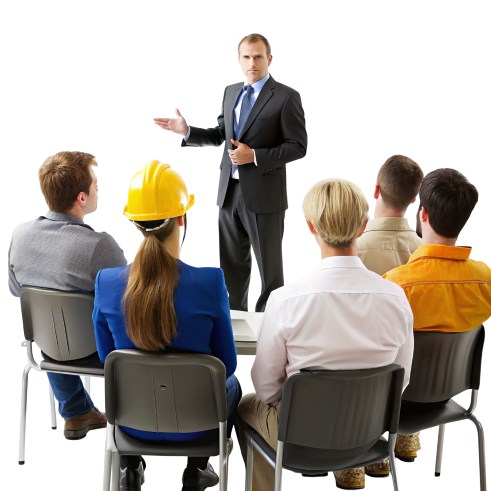 Corporate safety presentation for workers with instructor providing workplace guidance using visual aids png