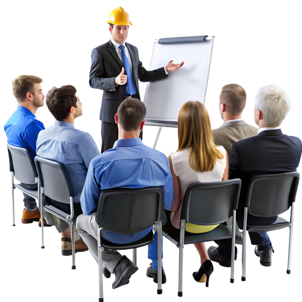 Professional workplace training session with diverse employees and manager presenting on a flip chart in office setting png