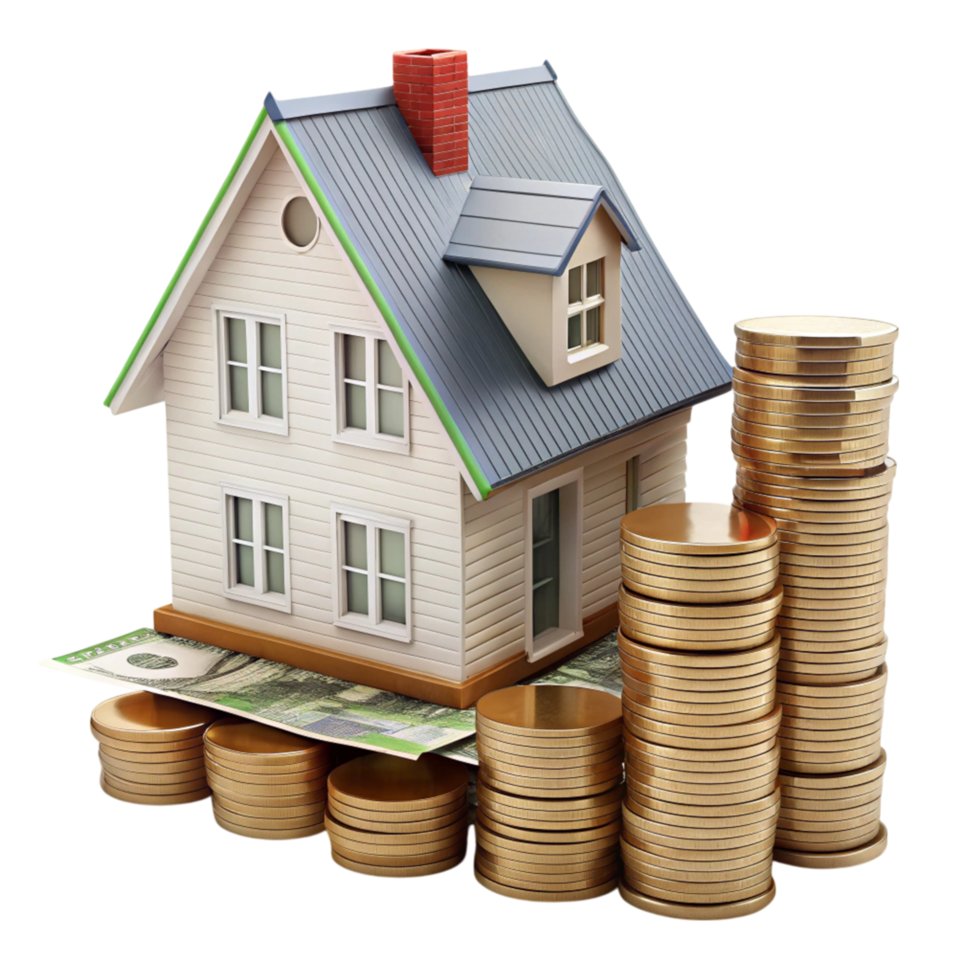 Creative concept of home equity with house miniature and monetary assets on a clean background png