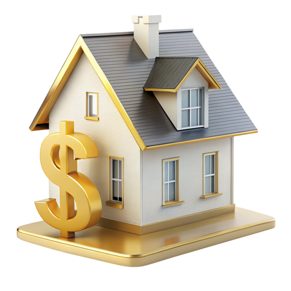 Financial growth with homeownership, showing coins and banknotes supporting a house model png