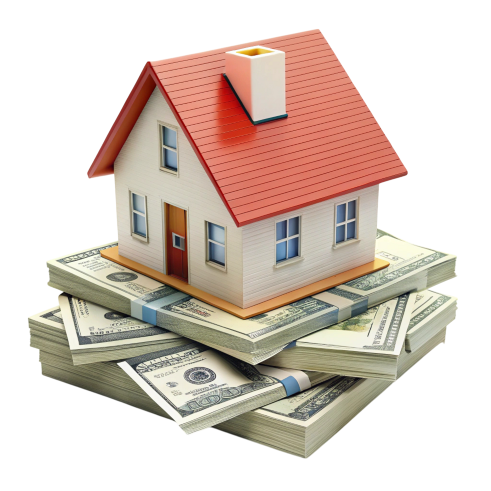 Real estate investment concept with house model and stacked cash bundles on a Transparent Background png