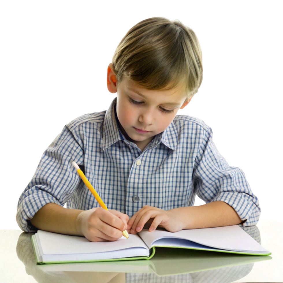 Young child attentively completing homework at a desk with books and pencil in a bright educational setting png