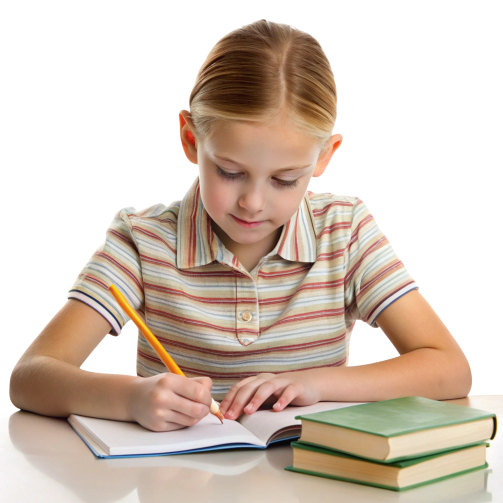 Focused child writing in a notebook while surrounded by educational materials, symbolizing learning and growth png