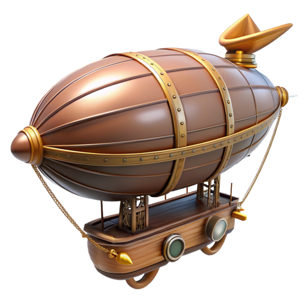 iconic retro Concept art style, hyper-specific rendering of a steampunk zeppelin miniature with intricate details and a gondola Isolated cutout with Transparent Background flawless png
