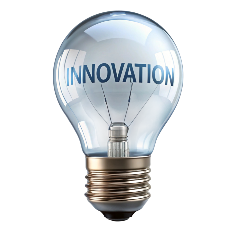 Transparent Light Bulb with Innovation Text Symbolizing Creativity and Modern Thinking on a White Surface png