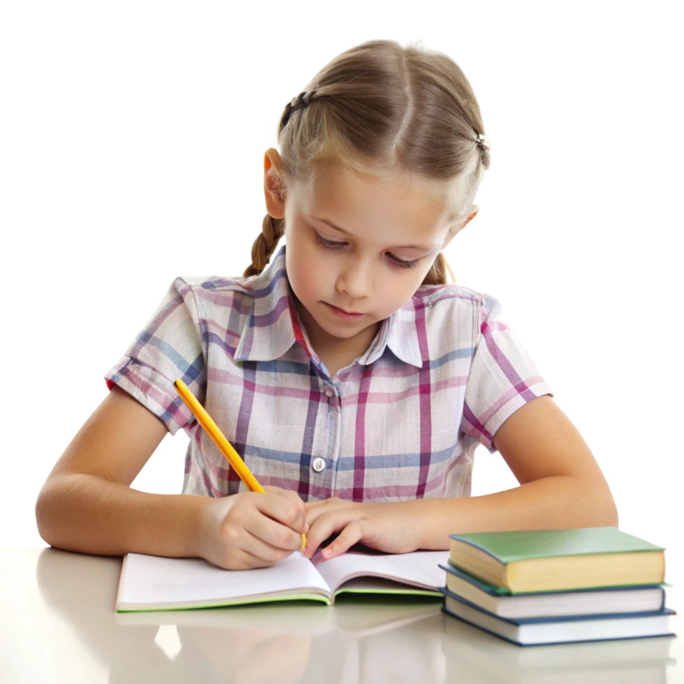 A studious child writing in a notebook, highlighting focus and effort in a serene learning environment png