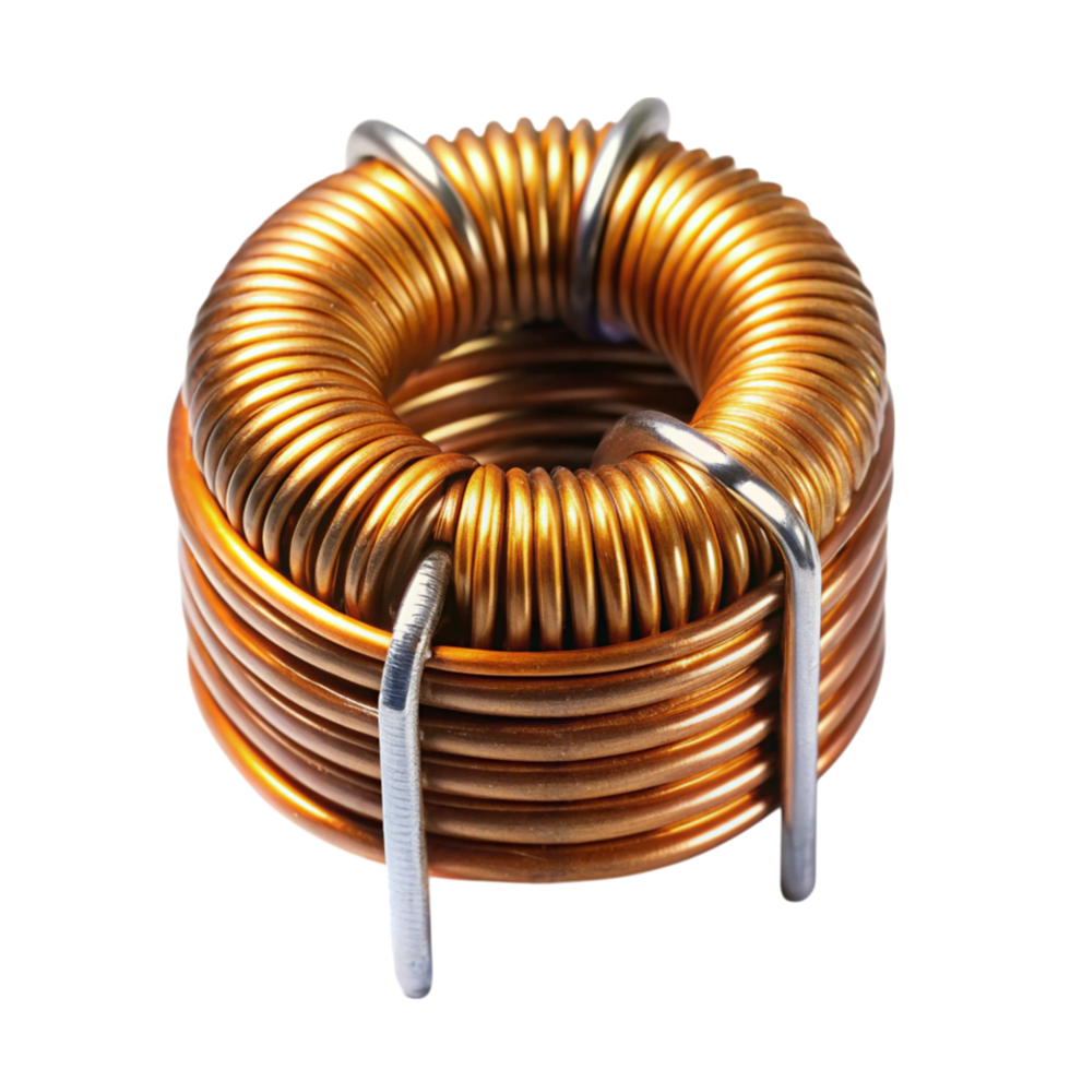 Close up of copper wire inductor coil designed for electromagnetic and electrical circuit applications png