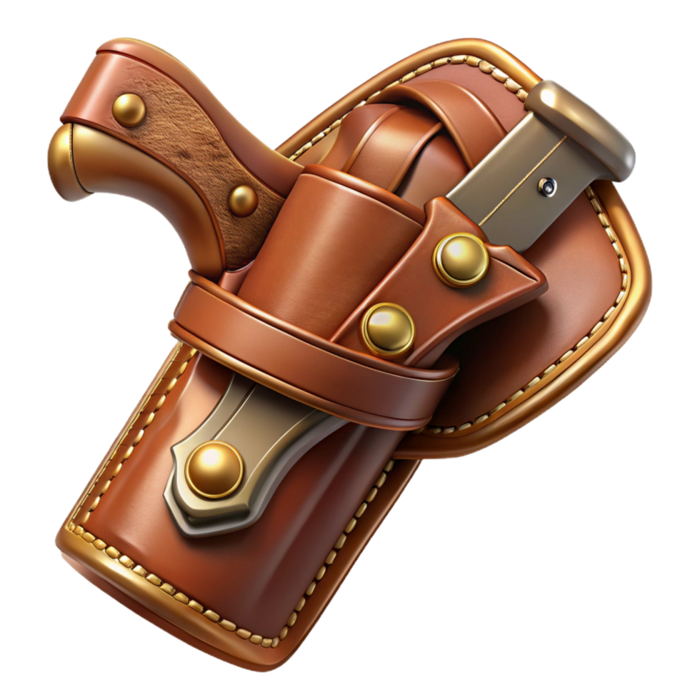 captivating nostalgic classic Photorealistic, isolated cutout of an ultra-detailed ray gun holster made of tooled leather and polished brass with Transparent Background sharp png
