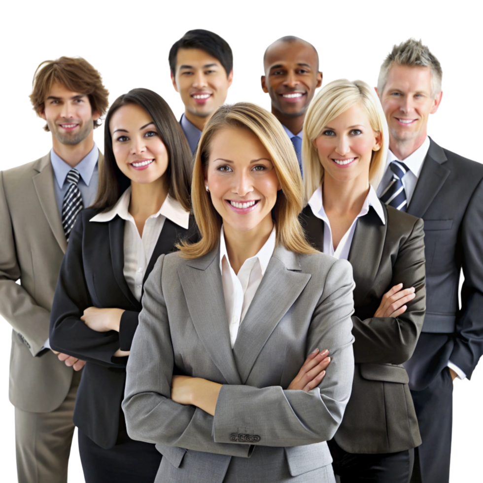 group of professional businesspeople standing together in modern office, smiling confidently at the camera png