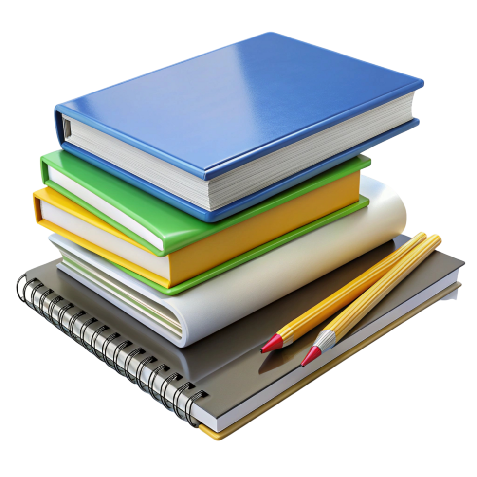 School Supplies Including Notebooks, Spiral Pads, and Pencils Isolated on Transparent Background png
