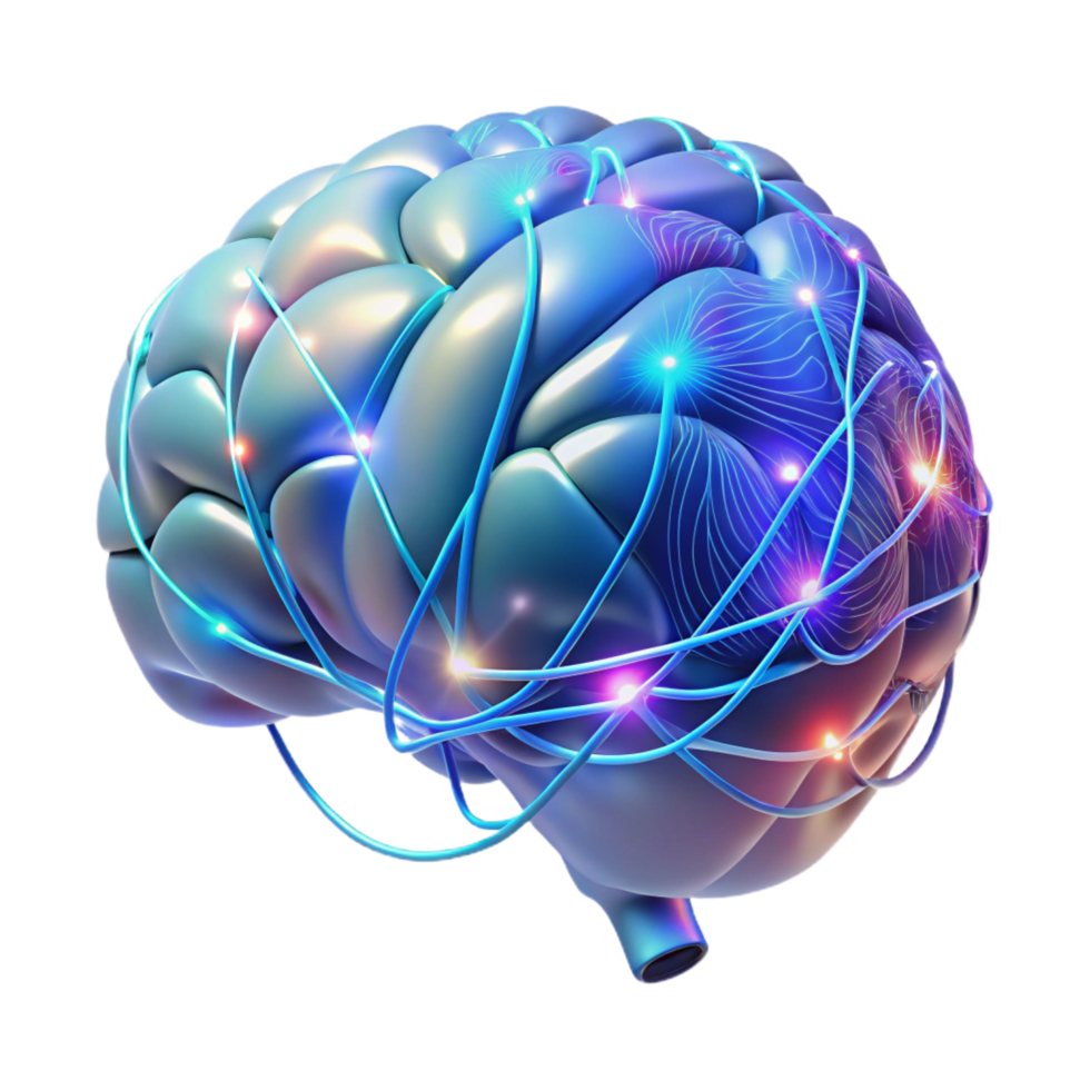 radiant contemporary Holographic projection of a human brain, neural pathways illuminated with Transparent Background professional png