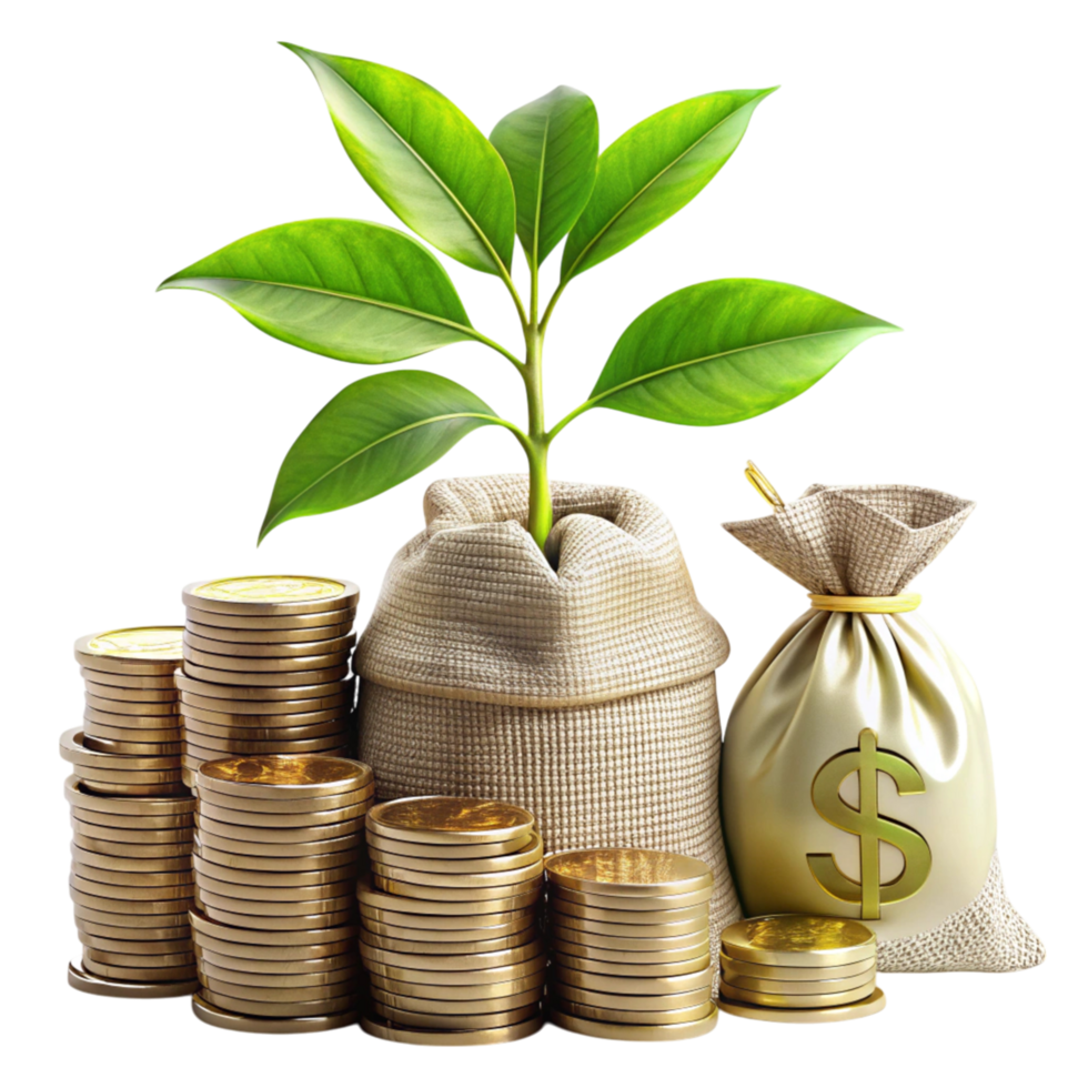 Investment Growth Representation with Gold Coins and Leafy Plant for Sustainable Financial Solutions png