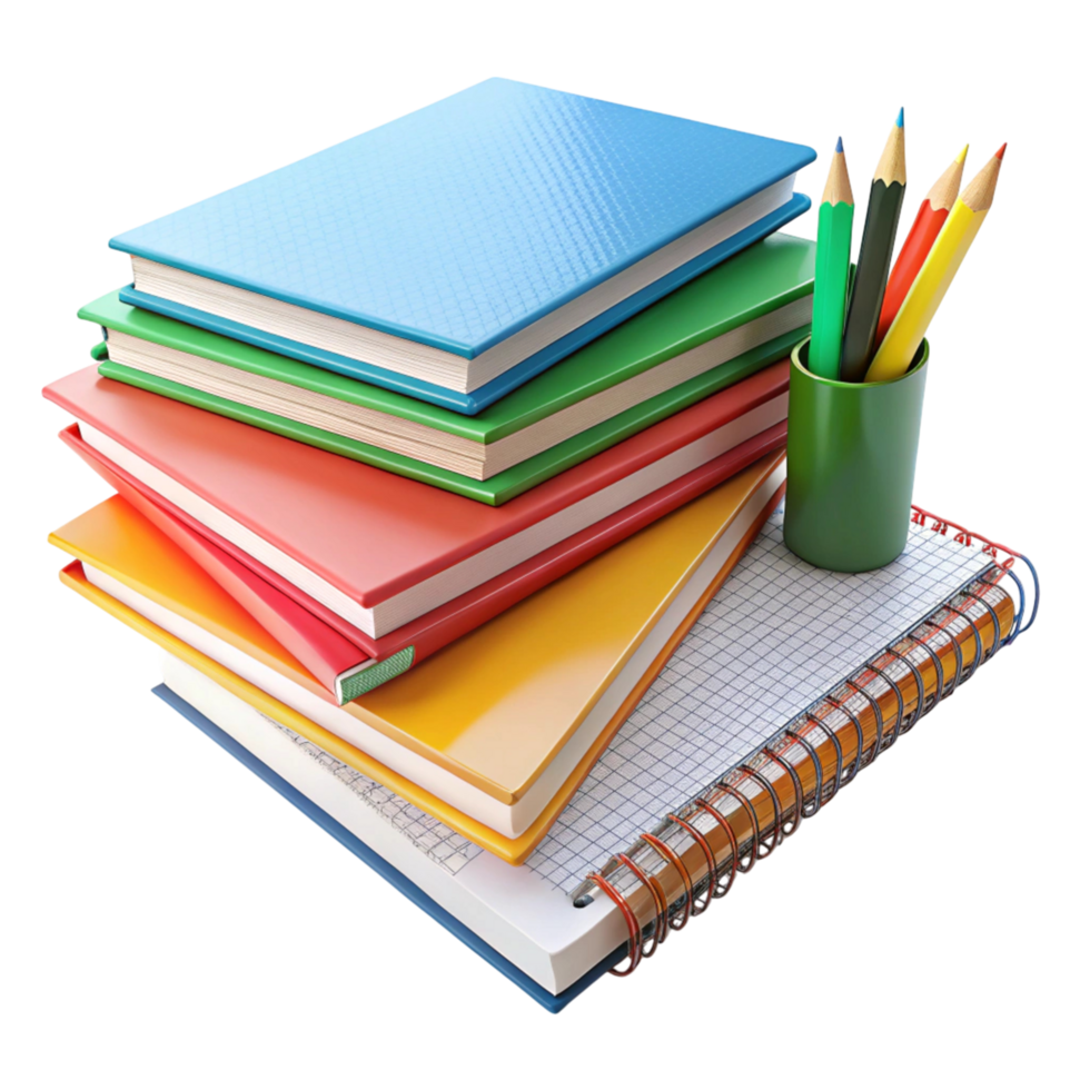 Stack of Colorful Notebooks and Pencils Arranged Neatly on a Transparent Background for Educational Purposes png