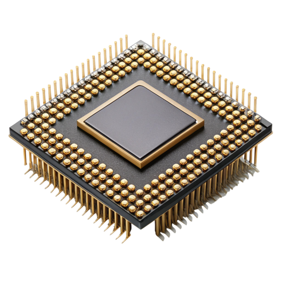 integrato circuito microprocessore isolato su trasparente sfondo con d'oro perni per Avanzate calcolo png