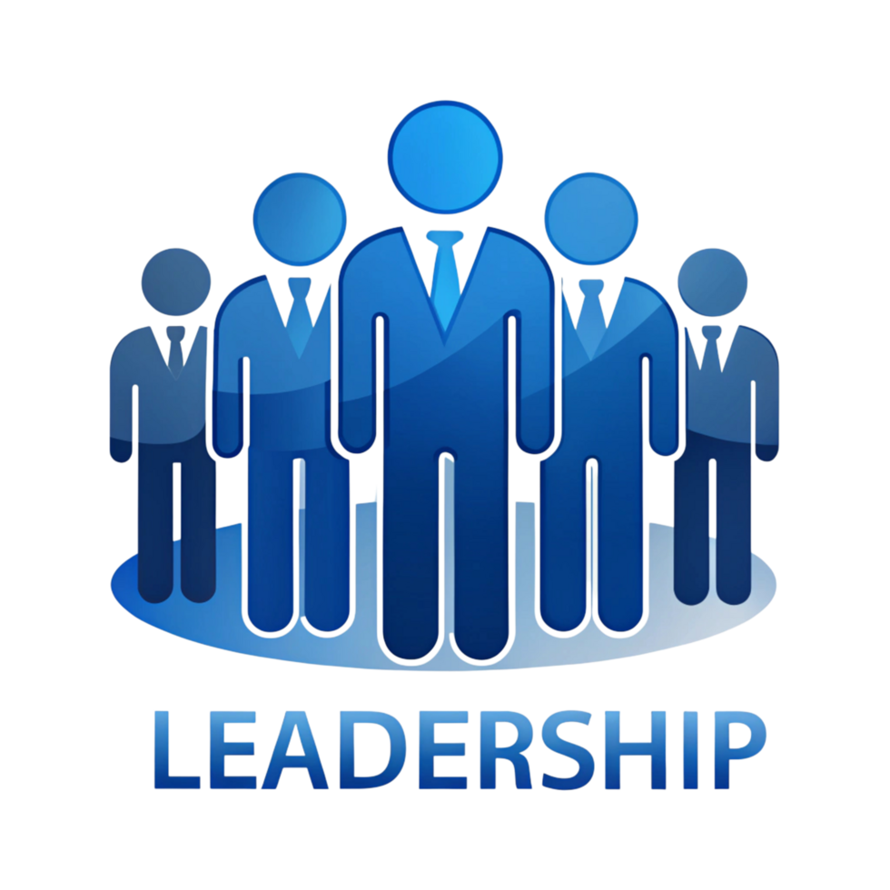 Business Leadership and Teamwork Icon Featuring Standing Figures in a Corporate Setting with Text Emphasis png
