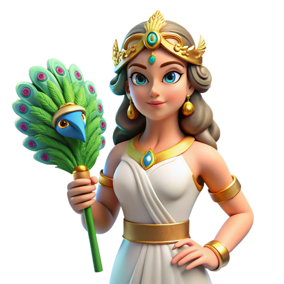 dynamic mesmerizing Hera, queen of the gods, with a peacock feather with Transparent Background 8K png