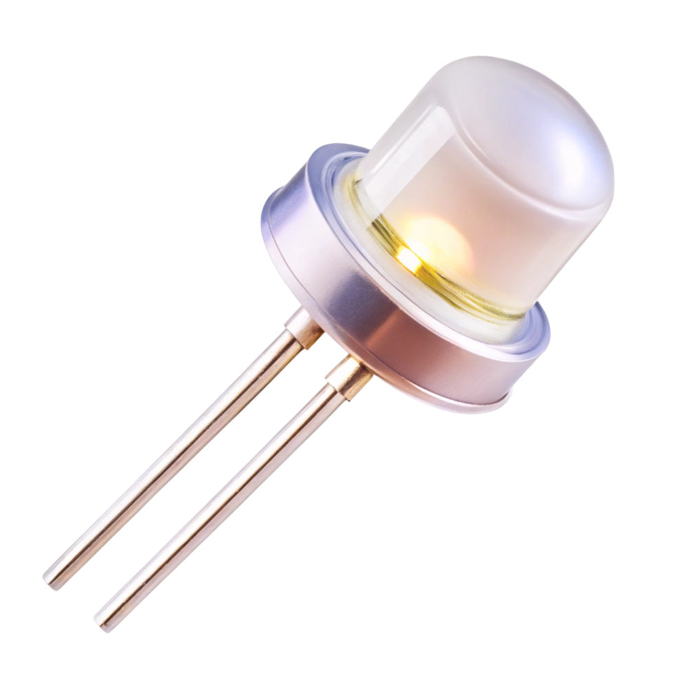 Close Up of Single LED Component with Glass Dome and Dual Pins on a Clean Transparent Background png