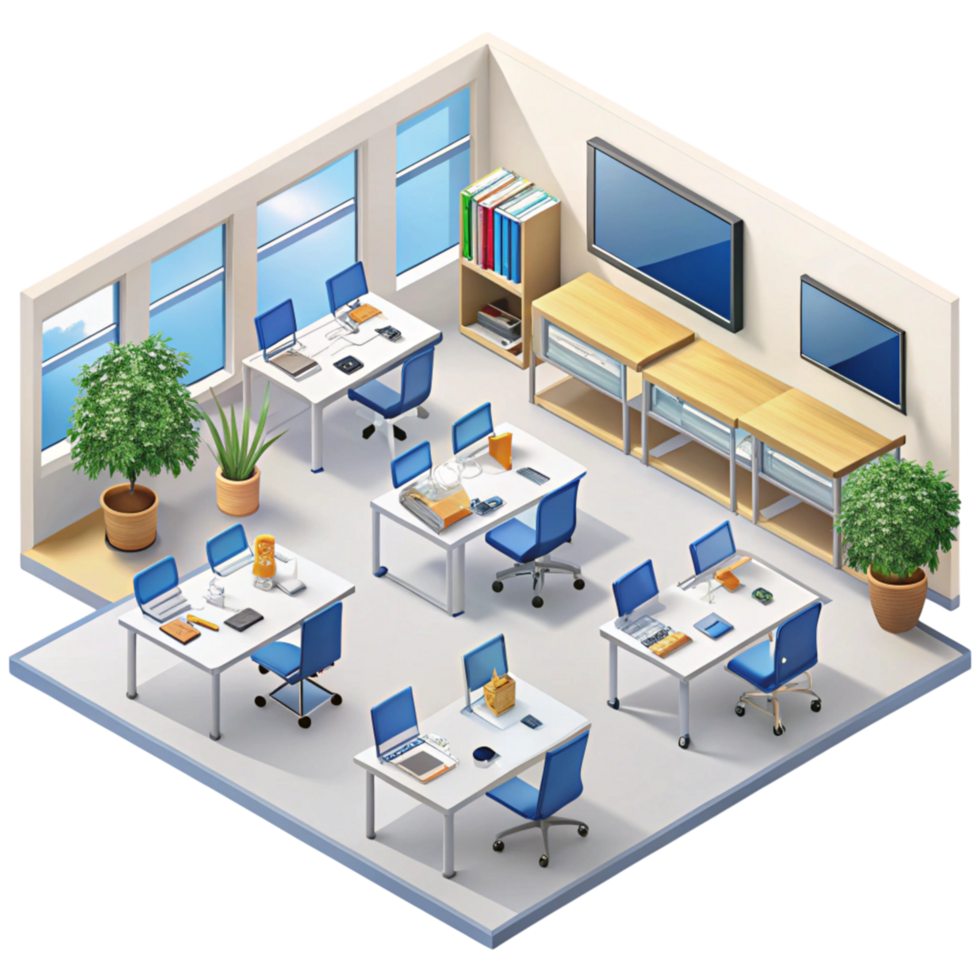 Organized Schoolroom Setup with Potted Plants, Bookshelves, and Comfortable Chairs in a Clean Setting png