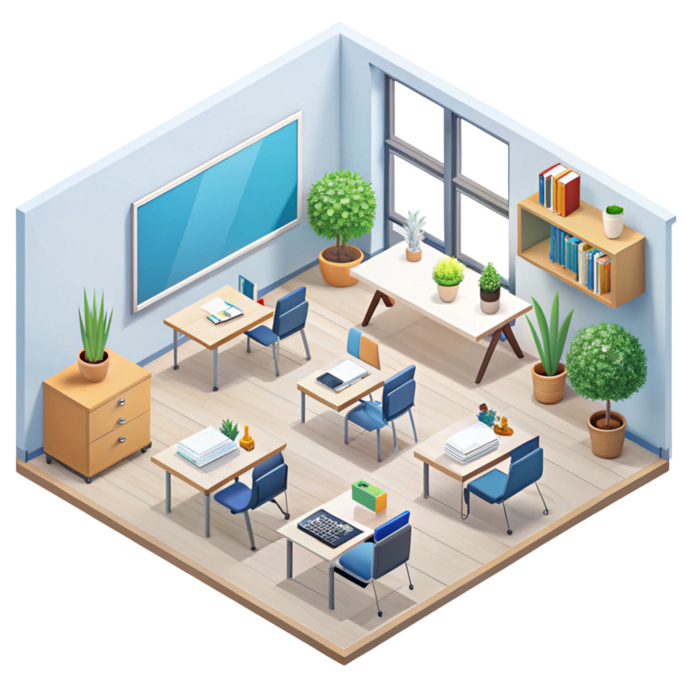 Modern Classroom Interior with Desks, Chairs, Green Plants, and Learning Materials on a Transparent Background png