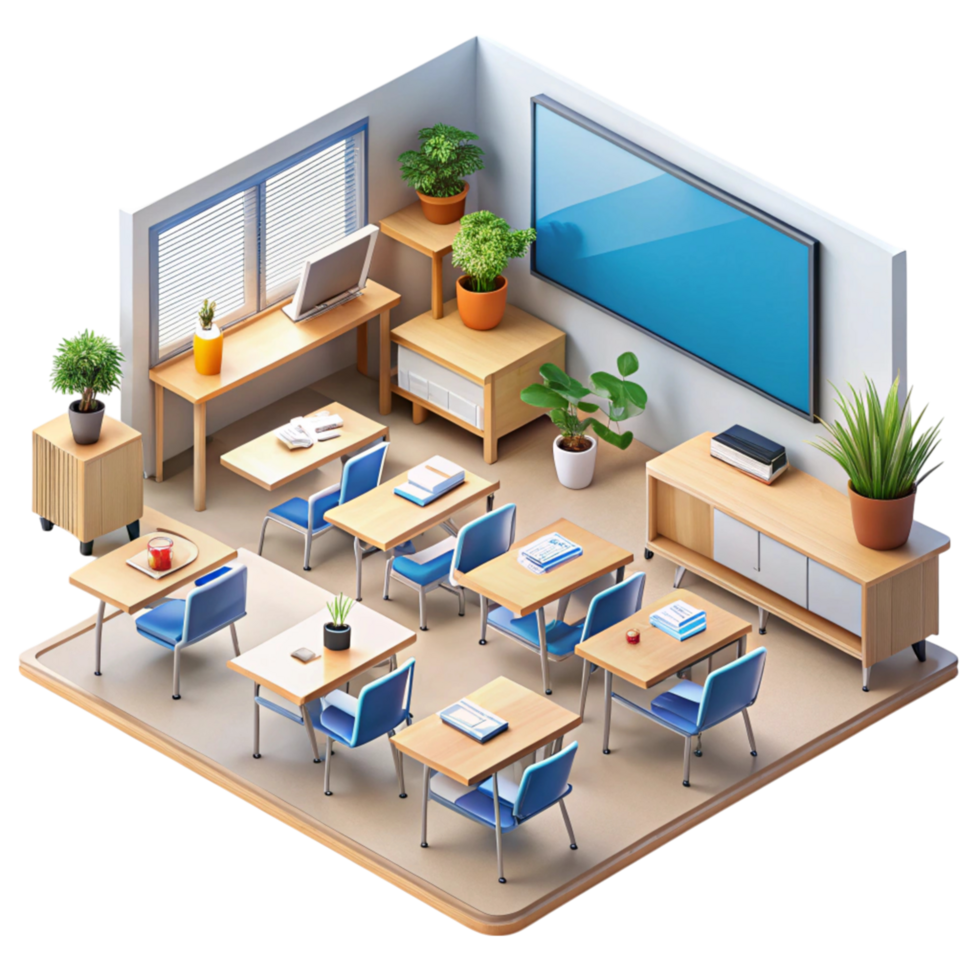 Isometric View of a Bright Educational Environment Featuring Clean Desks and Natural Lighting png
