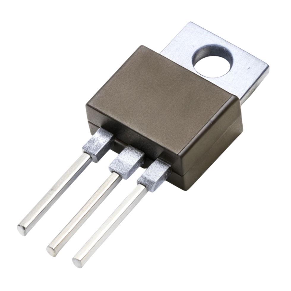 Precision electronic component MOSFET displayed with intricate design and metallic connectors isolated on white png