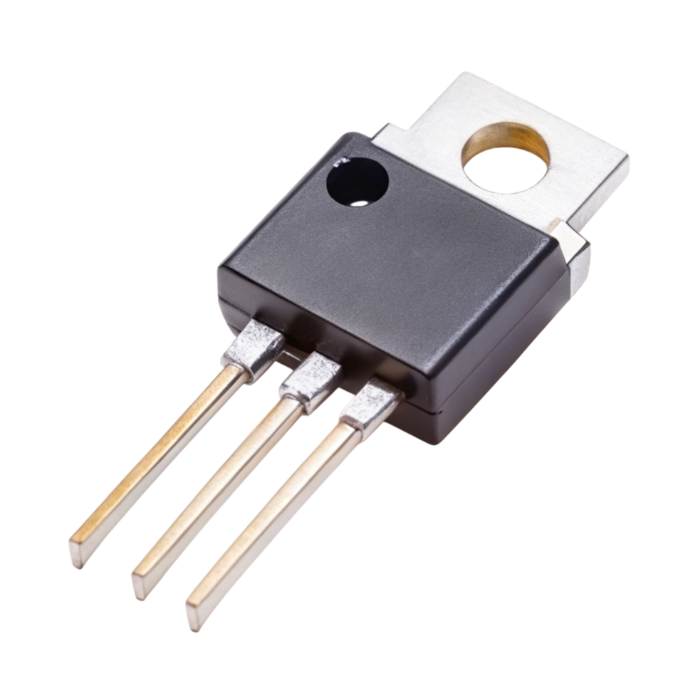MOSFET electronic component featuring detailed metallic pins and heat dissipation design png