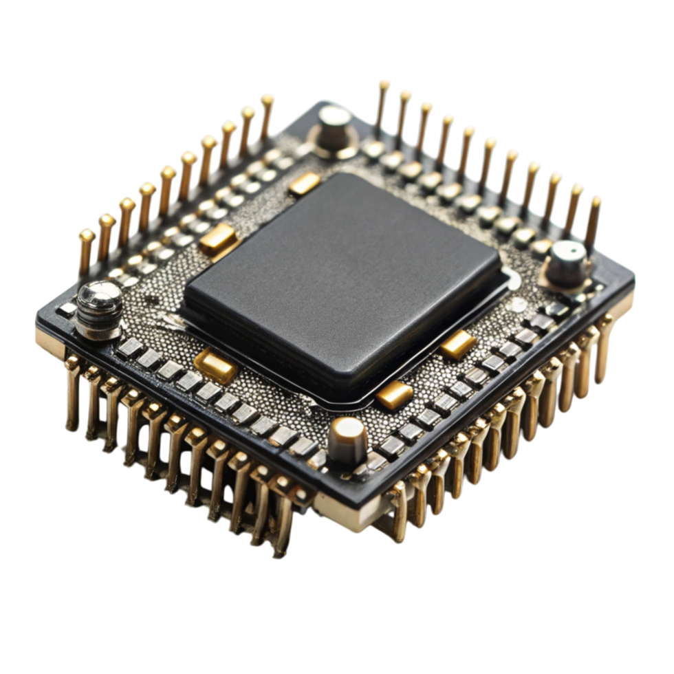 Advanced electronic microcontroller unit photographed against a Transparent Background, showcasing modern circuit technology png