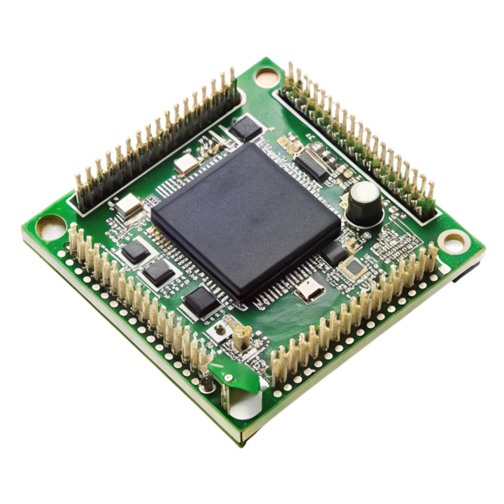 Compact microcontroller chip for electronics, captured in detail on a Transparent Background, suitable for technology focused uses png