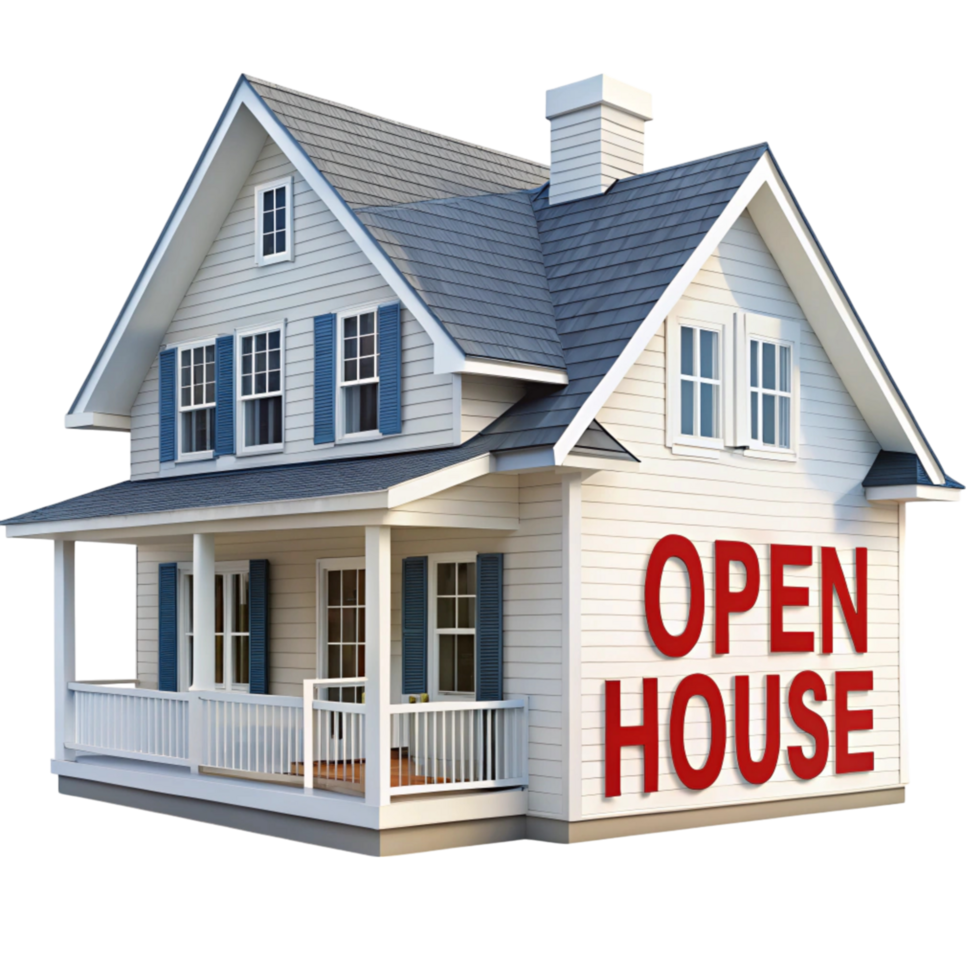 Beautiful residential property highlighted by a bold open house sign, attracting potential homeowners png