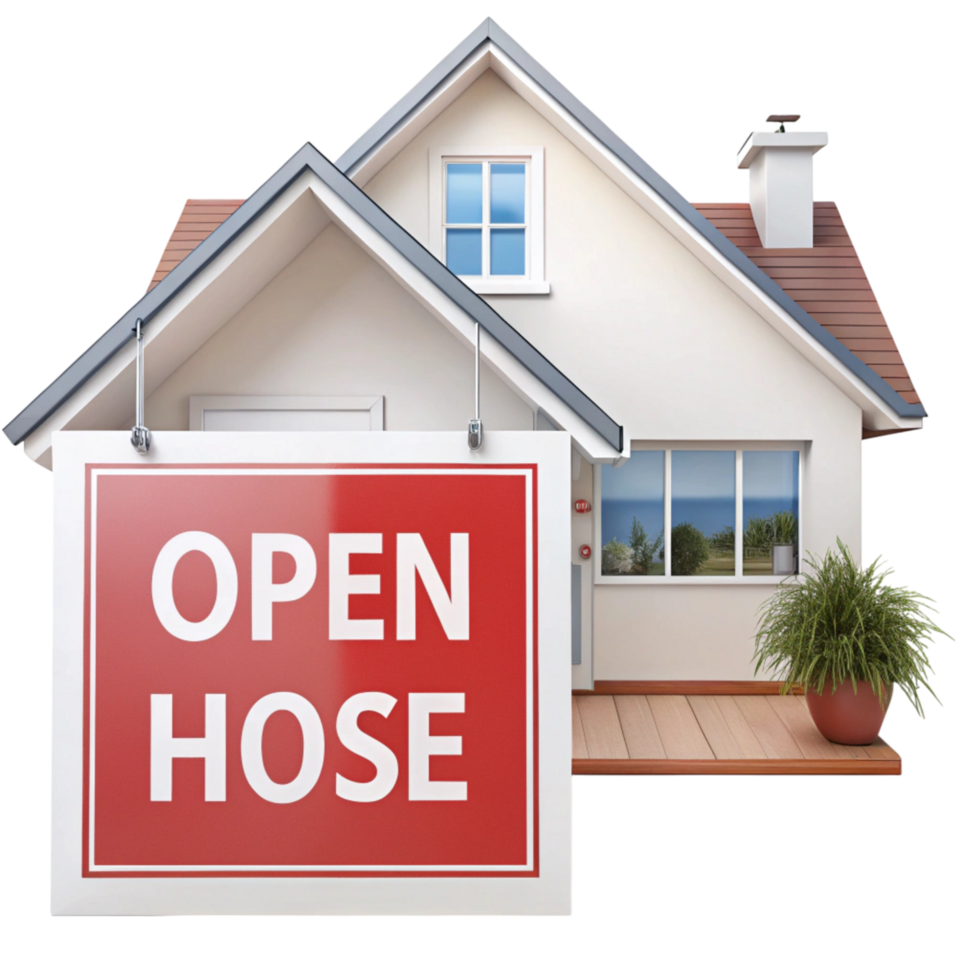 Charming house exterior with open house sign, welcoming potential buyers to explore the property png