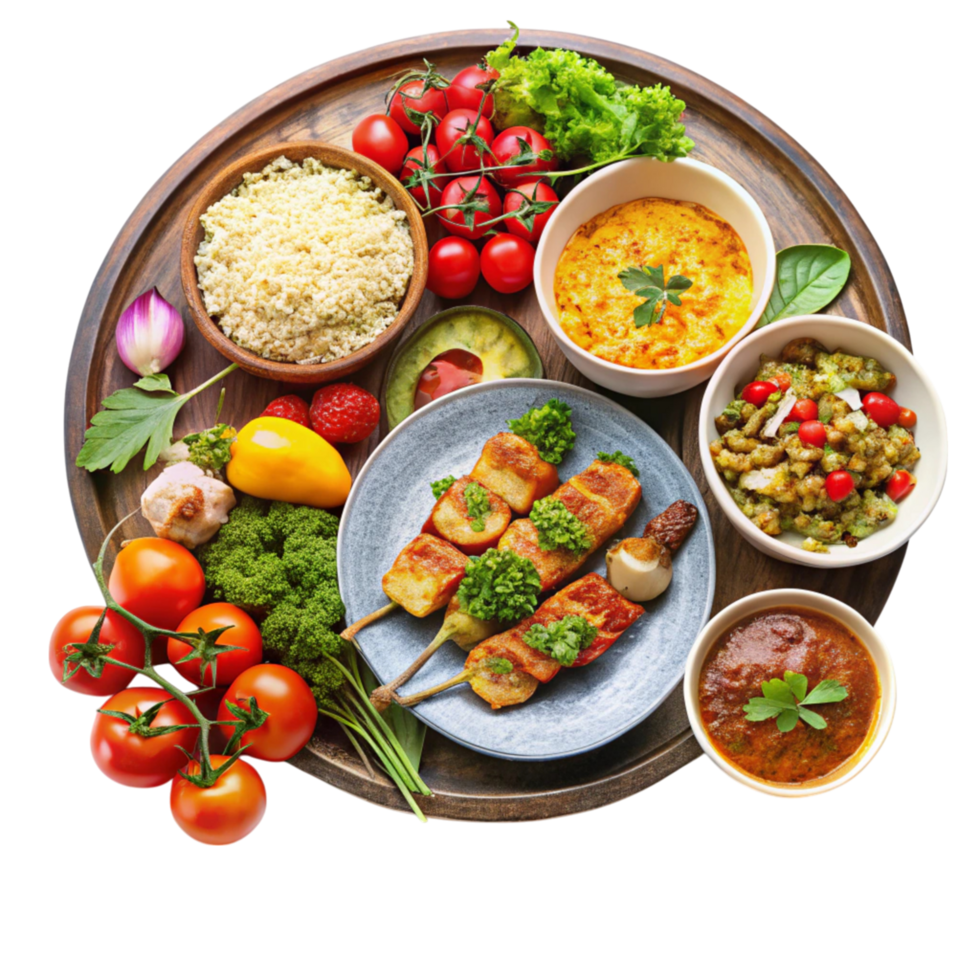 Traditional Local Cuisine Platter with Fresh Vegetables, Spices, and Sauces on a Transparent Background png