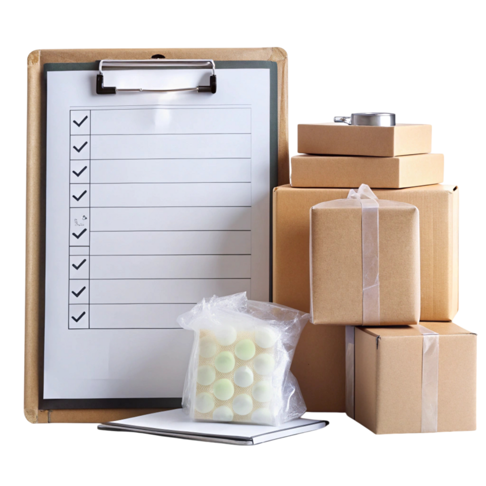 Professional packing list setup with clipboard, items, and packaging boxes for efficient shipment preparation png