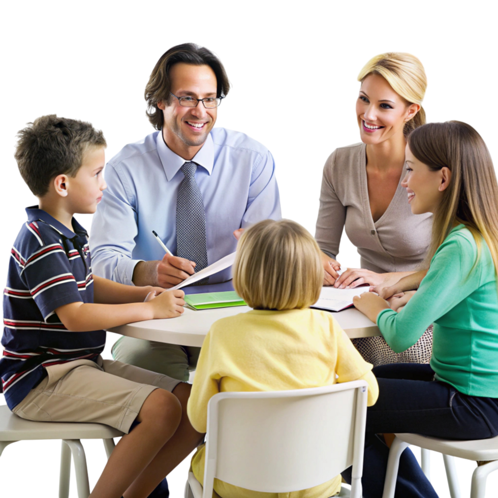 Group of teachers and parents discussing educational plans with cheerful children in a school setting png