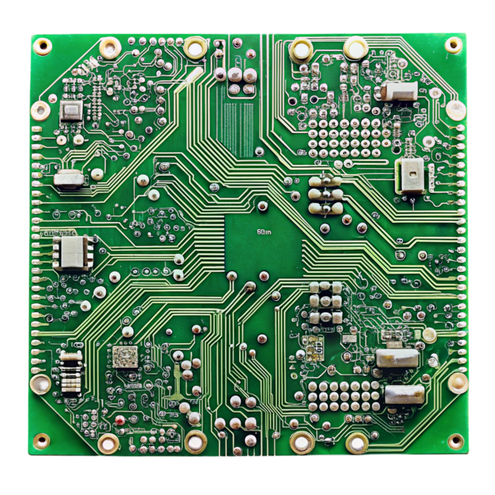 Close up of a PCB featuring precise circuitry, connectors, and modern electronic components png