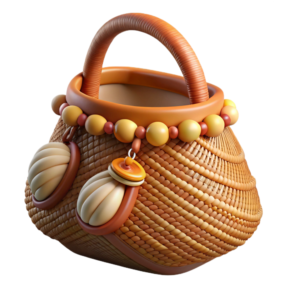 gorgeous surreal Ultra-detailed photorealistic isolated cutout professional render of a tribal woman's hand-woven bag decorated with shells and beads with Transparent Background crisp png